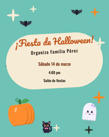 Halloween de los cincuenta. Estrellitas, calabaza, fantasma y gatito sobre turquesa, como cartel de antes.