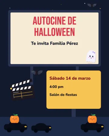 Autocine de Halloween. La pantalla del autocine, coches y calabazas.