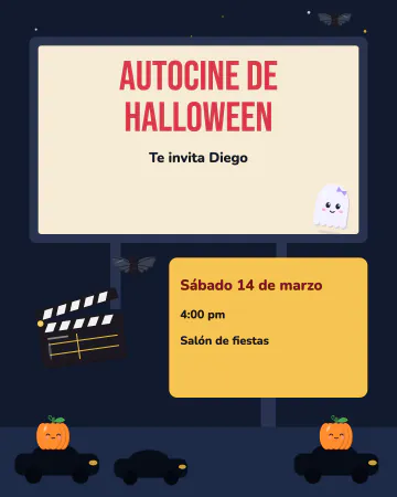 Autocine de Halloween. Una pantalla grande de autocine en plena noche, con coches en silueta, calabazas, un fantasmita, murciélagos, una claqu…