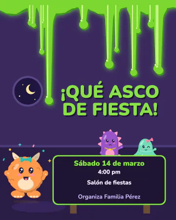 Cuarto de baba verde. Tres monstruos en un cuarto morado, con baba verde que escurre y un letrero con tus datos.