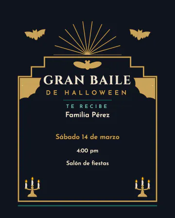Gran baile dorado. Un arco dorado con abanico, candelabros y murciélagos.