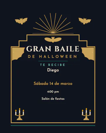 Gran baile de 1925. Un arco escalonado dorado que enmarca la fiesta, un abanico arriba, un murciélago en la clave, telarañas, candelabros y…