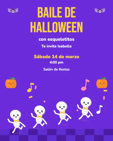 Baile de esqueletitos. Cuatro esqueletitos blancos bailan en fila sobre una pista de cuadros, con calabazas, murciélagos y notas musicales.