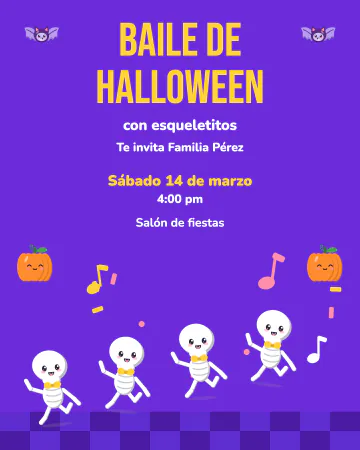Baile de esqueletitos. Cuatro esqueletitos bailan en la pista entre calabazas y notas de música.