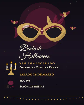 Baile de máscaras. Un antifaz con plumas, velas y murciélagos dorados.
