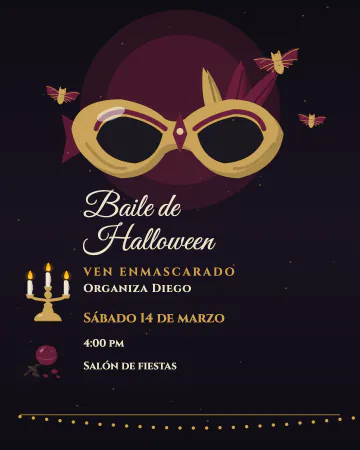 Baile de máscaras. Un antifaz con plumas sobre negro y vino, con murciélagos dorados, velas y una rosa seca.
