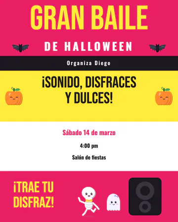 Baile de disfraces sonidero. Cartel de baile de barrio con bandas de colores fuertes, letras apretadas, una bocina, calabazas, murciélagos, un fanta…