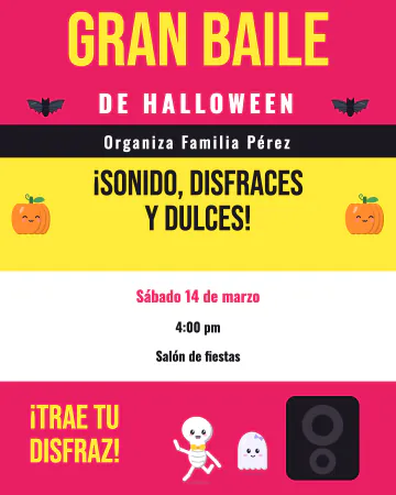 Baile sonidero. Como cartel de baile de barrio, con bocina, calabazas y esqueletito.