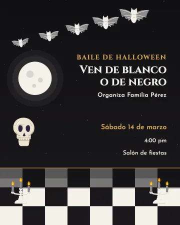 Baile en blanco y negro. Piso de ajedrez, luna, candelabros y murciélagos blancos.