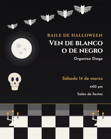 Baile en blanco y negro. Piso de ajedrez, luna, calavera, candelabros y murciélagos blancos sobre negro.