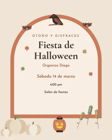 Halloween boho. Un arco color terracota, calabazas claras, espigas secas, un cuervo, murciélagos y hojas de otoño en tonos tierra.