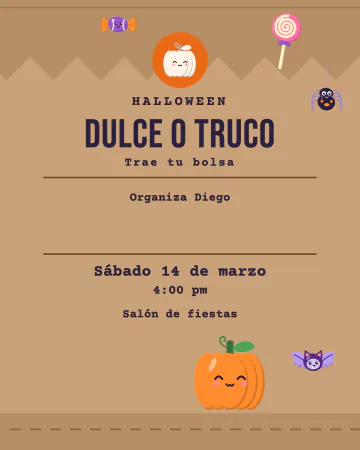 Bolsa de estraza. La invitación es una bolsa de papel café con "Dulce o truco", la boca doblada, dulces asomando y una calabaza.