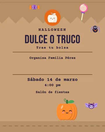 Bolsa de dulces. Una bolsa de estraza con dulces asomando y "Dulce o truco".
