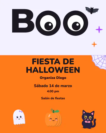 Boo con ojos. Un BOO enorme donde las dos O son ojos que miran hacia la fiesta de Halloween, con un fantasmita, una calabaza, un gati…