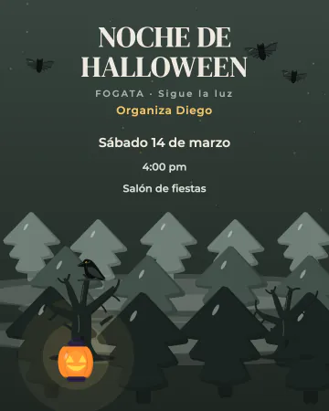 Bosque en niebla. Pinos y árboles secos entre capas de niebla, con un cuervo, murciélagos y un farolito de calabaza.