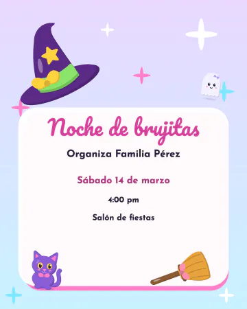 Noche de brujitas. Sombrero, escoba y gatito en lila, rosa y celeste, con muchos brillitos.