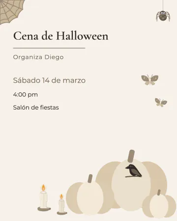 Calabazas blancas. Calabazas blancas y beige sobre crema, con velas, polillas y una araña, letra fina y mucho aire.