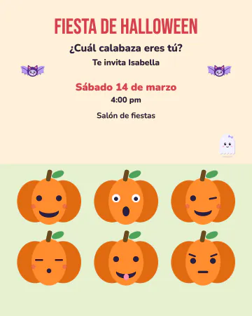 ¿Qué calabaza eres?. Seis calabacitas con caras distintas: risa, susto, guiño, sueño, lengüita y enojito, con murciélagos y un fantasmita.
