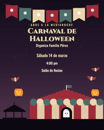 Carnaval de medianoche. Una carpa de rayas, un carrusel y farolitos de calabaza.