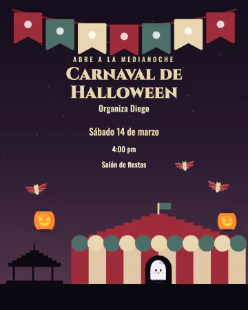 Carnaval de medianoche. Una carpa de rayas y un carrusel en silueta, con farolitos de calabaza, murciélagos y un fantasmita en la entrada.