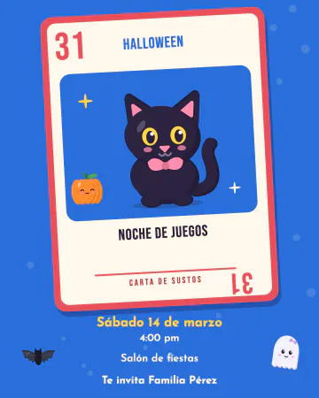 Noche de juegos. Una carta grande con gatito negro y calabaza.