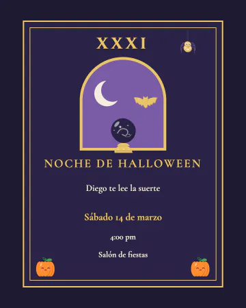 La carta del 31. Una carta de adivinación con marco dorado doble, un arco con luna y murciélago, una bola de cristal, calabazas, una ara…