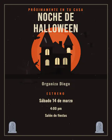 Cartel de la noche. Cartel de una película inventada de Halloween: título enorme, casona bajo un sol rojo, murciélagos, lápidas y grano.