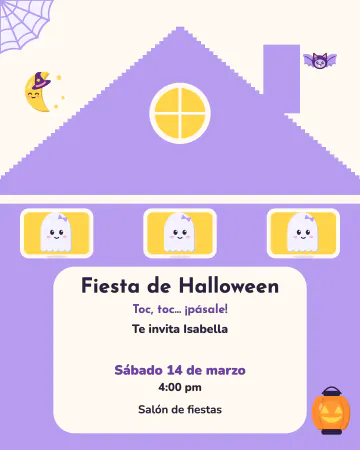 La casita de los fantasmitas. Una casita pastel con ventanas encendidas y fantasmitas asomados, con luna, murciélago y telaraña.