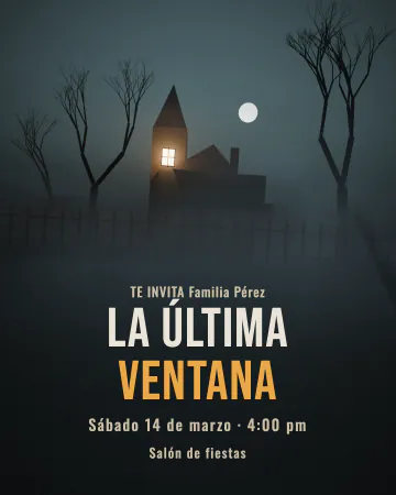 La última ventana. Una casona en la niebla con una sola ventana encendida.