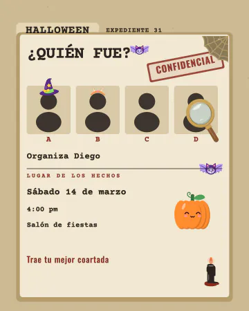 Cena de misterio. Un expediente de Halloween con lupa y cuatro sospechosos disfrazados de bruja y diablito: ¿quién fue?