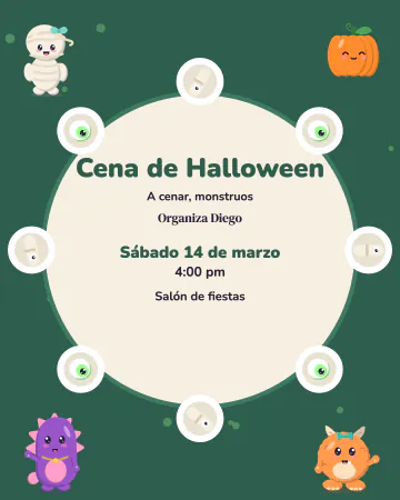 Cena de monstruos. Una mesa redonda vista desde arriba con salchichas momia y ojos de gomita, con una momia, una calabaza y dos monstruito…