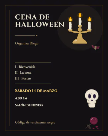 Cena negra. Una invitación en forma de menú de Halloween: todo en negro, con candelabro, calavera, rosa seca y tres tiempos.