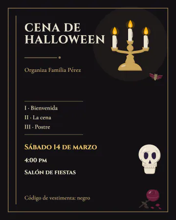 Cena negra. Un menú de tres tiempos todo en negro, con candelabro y rosa seca.