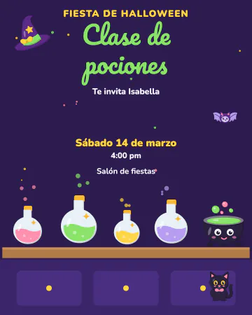 Clase de pociones. Una repisa con frascos de colores que burbujean, un calderito, un sombrero de brujita, un gatito negro y un murciélago.