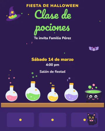 Clase de pociones. Frascos que burbujean, un calderito y un gatito negro.