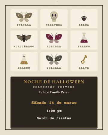 Bichos en frascos. Polillas, una calavera, llaves y frascos con su etiqueta, como en museo.