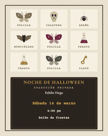 Colección privada. Una lámina de museo con polillas, una calavera, un murciélago, una araña, llaves y frascos en sus casillas.