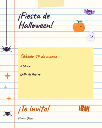 Hecha a mano. Una hoja de cuaderno rayada, escrita a mano, con garabatos de arañas, una calabaza, un fantasmita, un murciélago y un t…