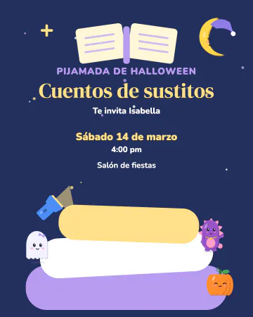 Cuentos de sustitos. Almohadas apiladas, un libro de cuentos, un monstruito, un fantasmita y una calabaza para una pijamada de Halloween con…