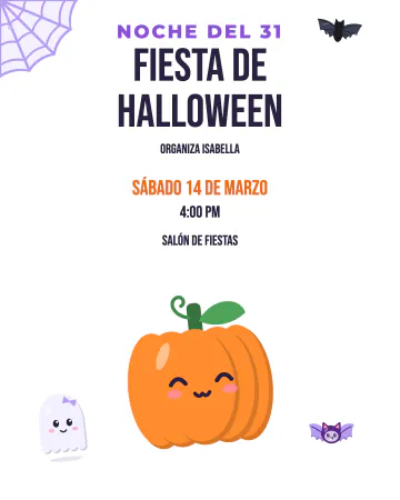 Noche del 31. Una calabaza gigante con cara, un fantasmita, murciélagos y una telaraña para la noche del 31 de octubre.