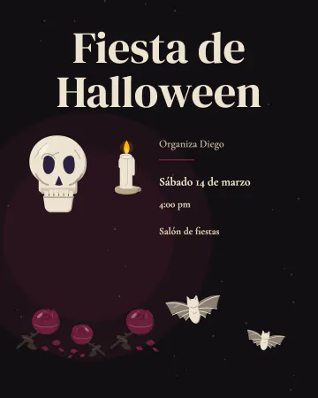 Halloween en negro. Una fiesta de Halloween toda en negro, con calavera, vela de cera marfil, murciélagos y rosas secas.