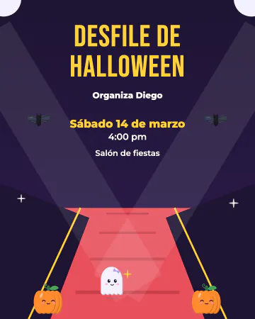 Desfile de disfraces. Una pasarela con alfombra roja, reflectores, calabazas, un fantasmita y murciélagos.