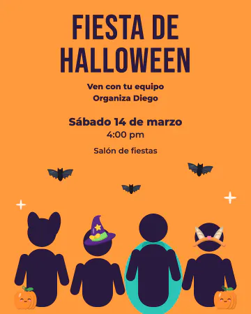 Disfraz en equipo. Cuatro siluetas de amigos disfrazados con murciélagos y calabazas alrededor.