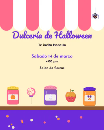 La dulcería embrujada. Un toldo de rayas rosas, una araña colgando y una repisa con frascos de dulces con calabaza, fantasmita y murciélago.