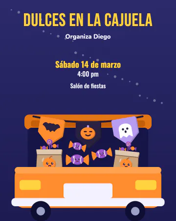 Dulces en la cajuela. Una cajuela abierta llena de dulces y banderines.