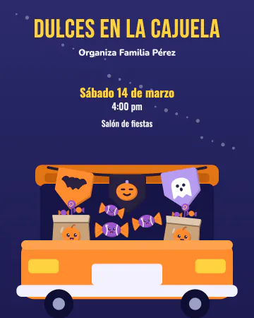 Dulces en la cajuela. Una cajuela abierta llena de dulces y banderines.