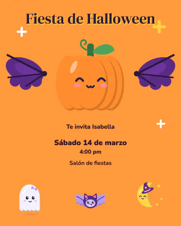 Alas de murciélago. Una calabaza enorme con alas de murciélago a los lados, sobre naranja, con un fantasmita, una luna y otro murciélago.
