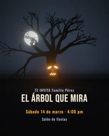 El árbol que mira. Un árbol retorcido con cara enojada que brilla bajo la luna.