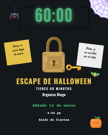 Escapa si puedes. Un candado, una llave y un reloj con 60 minutos: cuarto de escape de Halloween en casa, con pistas en notas, telaraña,…