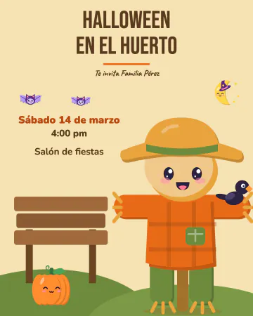 Espantapájaros del huerto. Un espantapájaros sonriente con su cuervito y una calabaza.